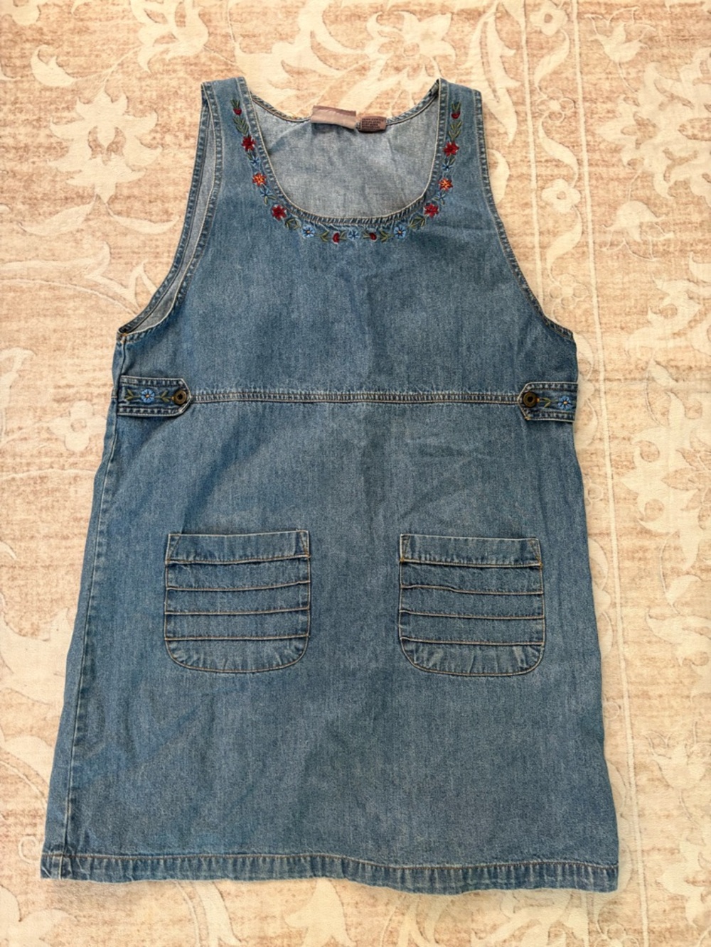 Vintage Denim overall jumper Dress with Floral Embroidery - Blue size L